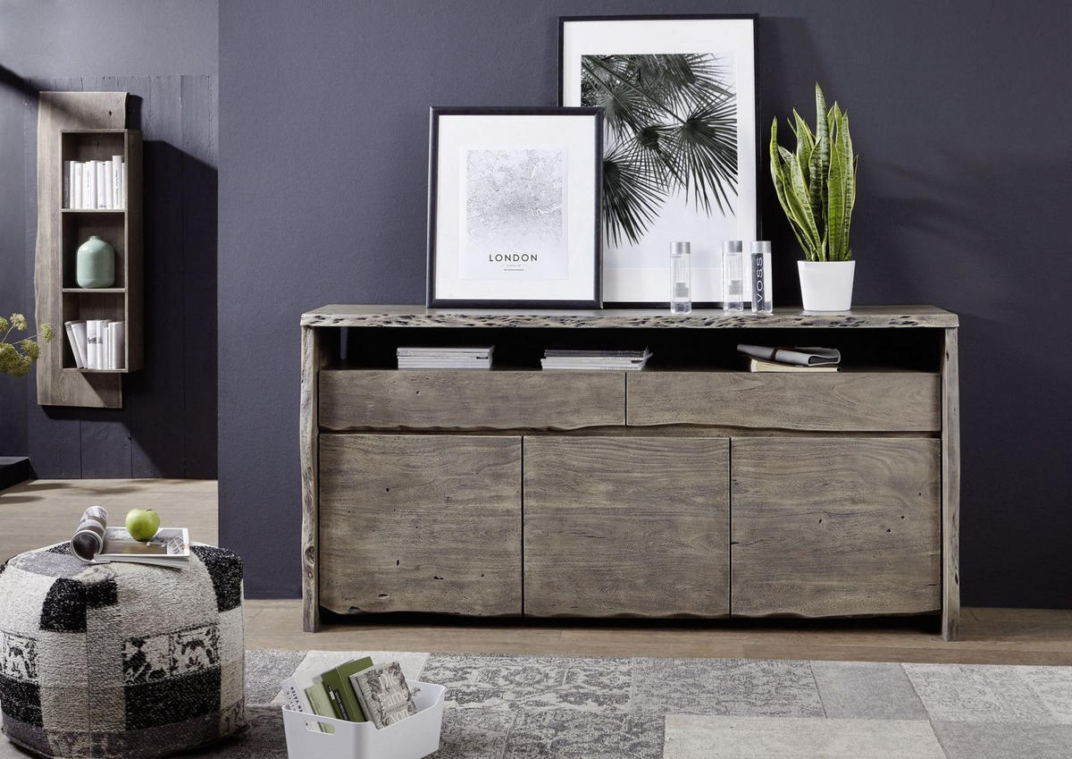 SIDEBOARD Akazie 191x45x96 grau lackiert PURE ACACIA #402 - Grau, Holzwerkstoff (191/96/45cm) - Massivmoebel24