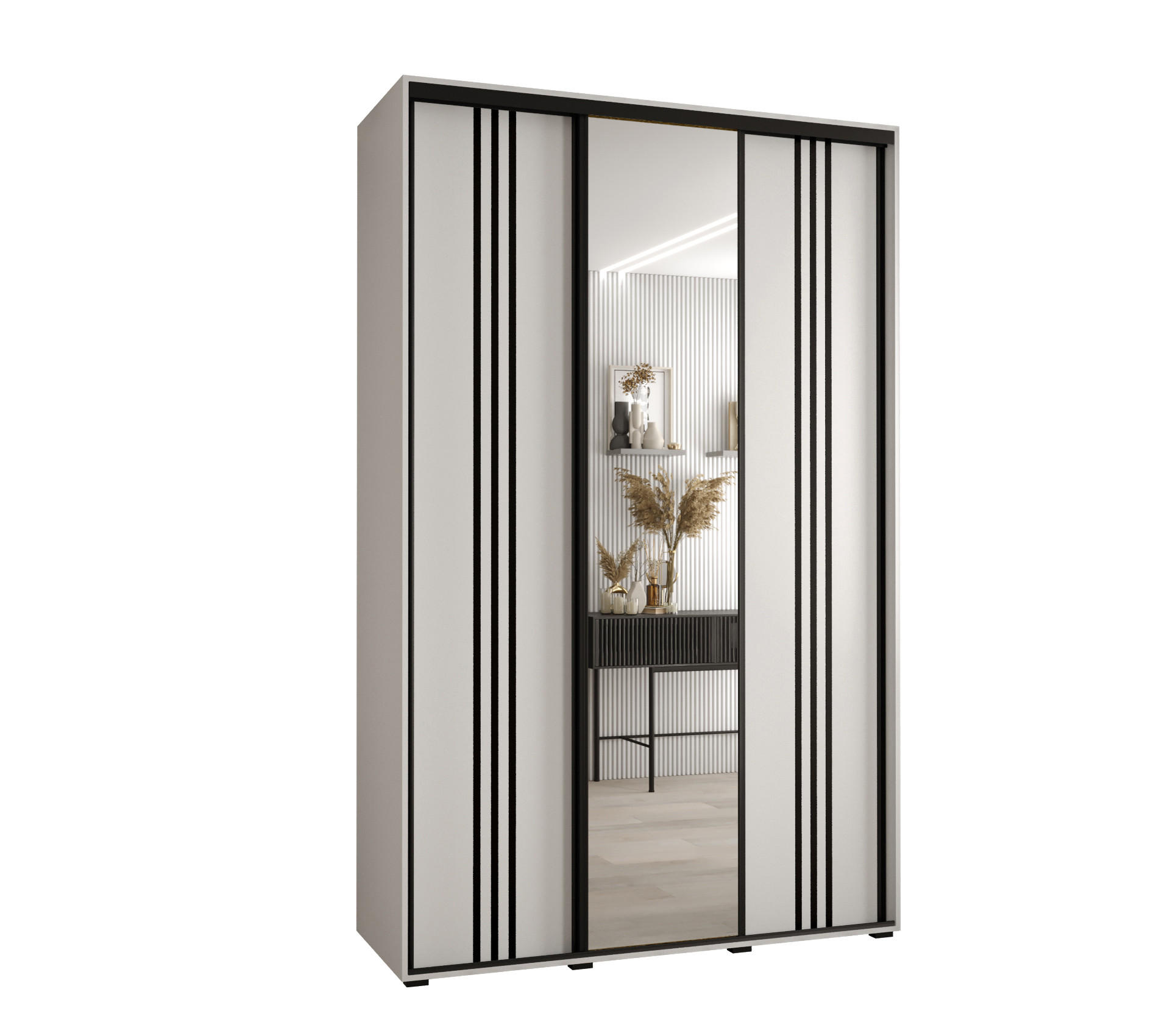 Abiks Möbel Schwebetürenschrank Weiß, Weiß, Schwarz 160x235x60 cm