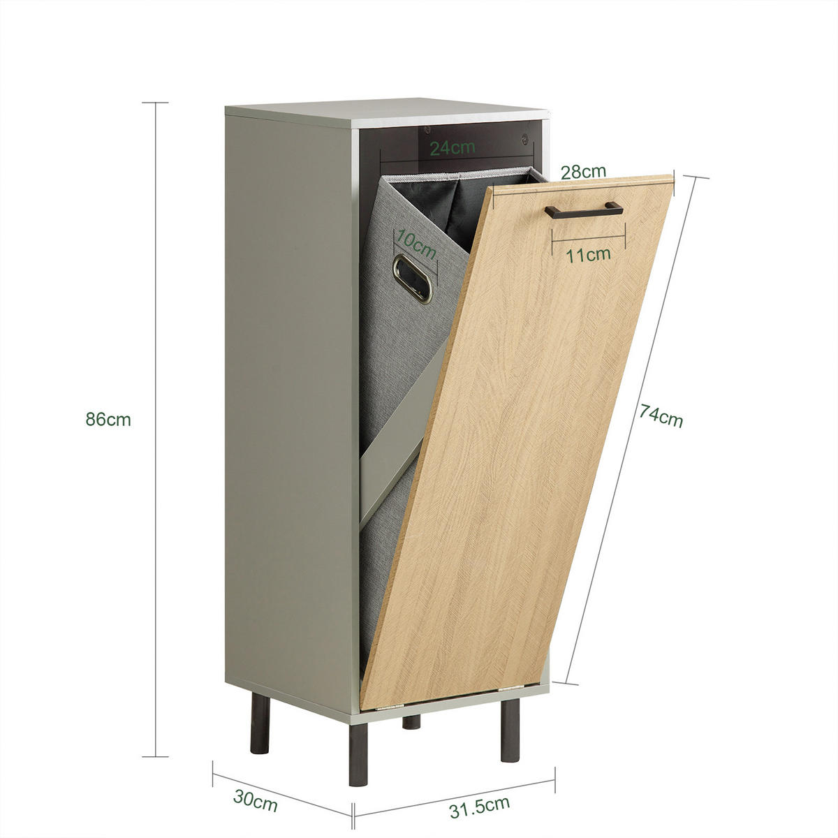 WÄSCHESCHRANK mit Wäschesack Grau - Naturfarben/Grau, Holzwerkstoff/Metall (31/86/30cm) - SoBuy