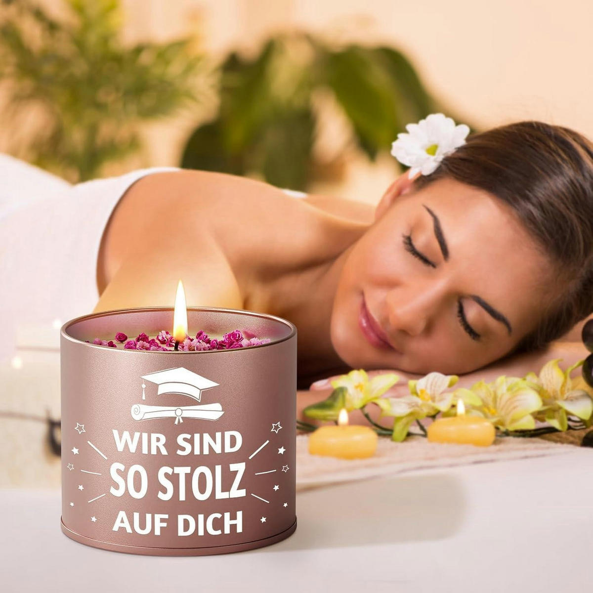 DUFTKERZE im Glas Lavendel mit Trockenblumen für Abschlussgeschenke - Rosa, Paraffin (7.5cm)