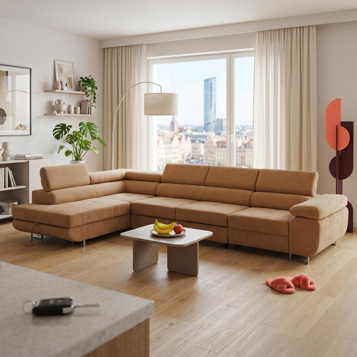 ECKSOFA WILD MAXI L Links mit Schlaffunktion 125x195 Chenille Braun - Chromfarben/Braun, Holz/Textil (350/203cm) - Muffo