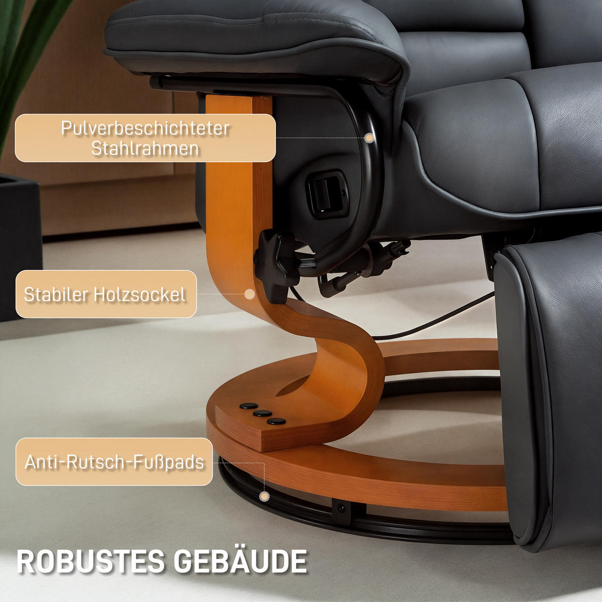 RELAXSESSEL, drehbarer TV-Sessel, Liegefunktion, Fußstütze Lederoptik Dunkelgrau - Dunkelgrau, Leder/Holzwerkstoff (88/103/78cm) - HOMCOM