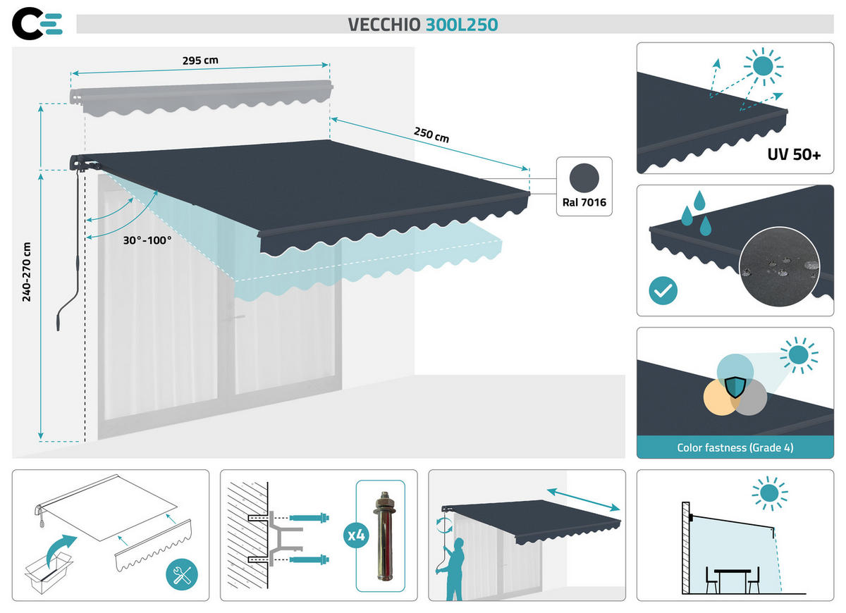 MONOBLOCK-MARKISE VECCHIO Grau 3m x 2,5m - Premium-Leinwand 320g/m² - Grau, Metall (295/270/250cm) - Cazeboo