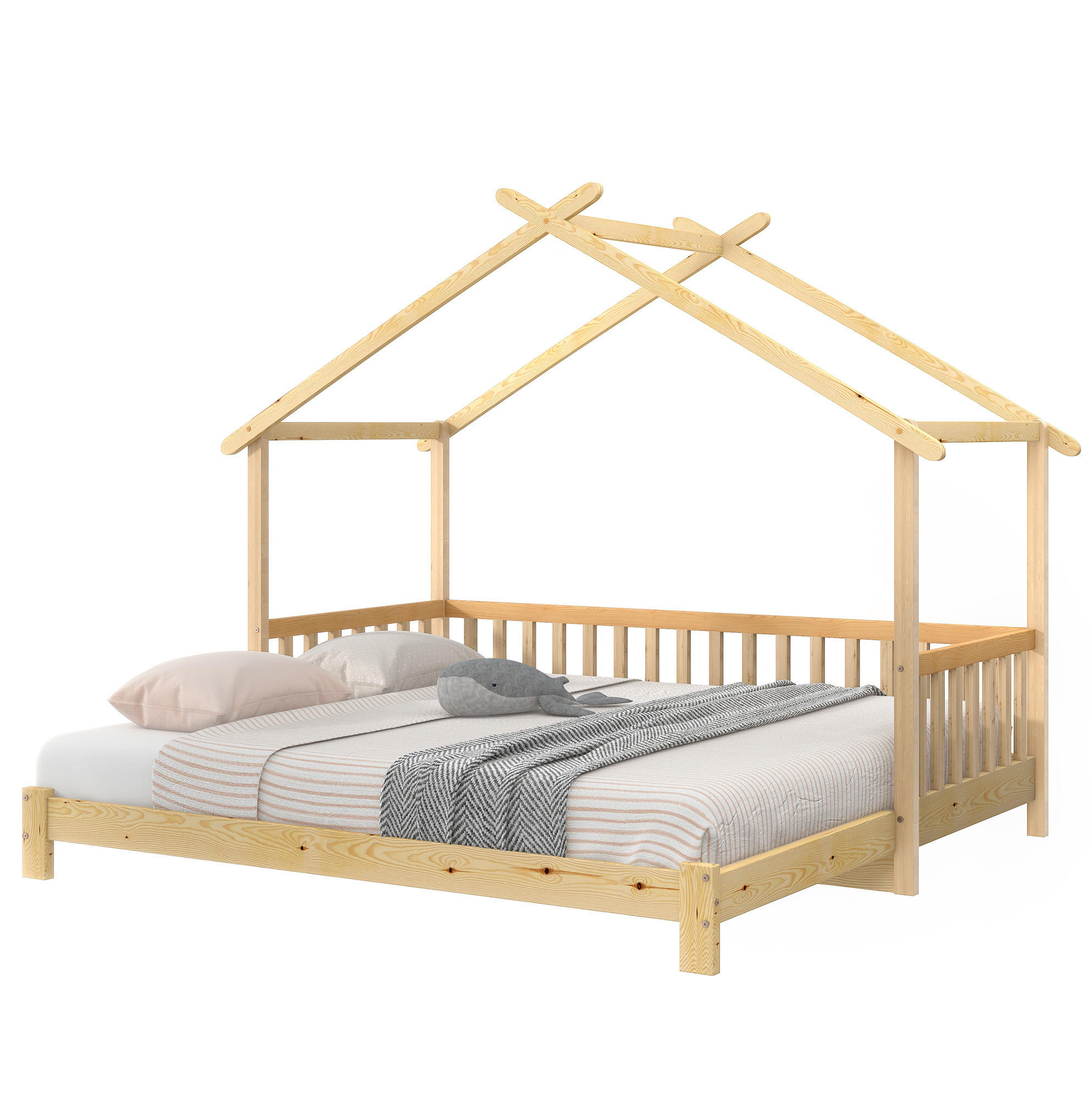 HAUSBETT 90/180x200 cm aus Massivholz in Natur mit Hausrahmen und Schutzgitter - Naturfarben, Holz (90/200cm) - Flora Grace