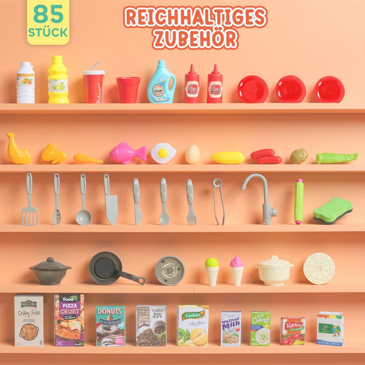 SPIELKÜCHE mit fließendem Wasser, 85-teiliges Zubehör, elektrischer Wasserhahn - Grün, Kunststoff (24/66cm) - AIYAPLAY