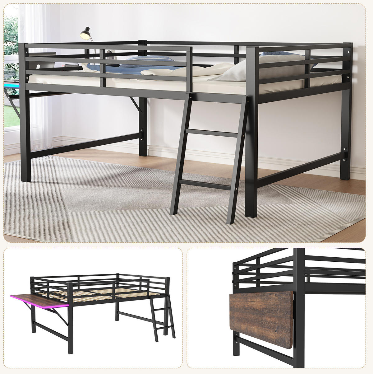 VISOKI krevet 140/200 cm s ljestvama, sklopivim stolom, LED rasvjetom i zaštitnim ogradama, Crna - crna, metal (140/200cm) - Redom