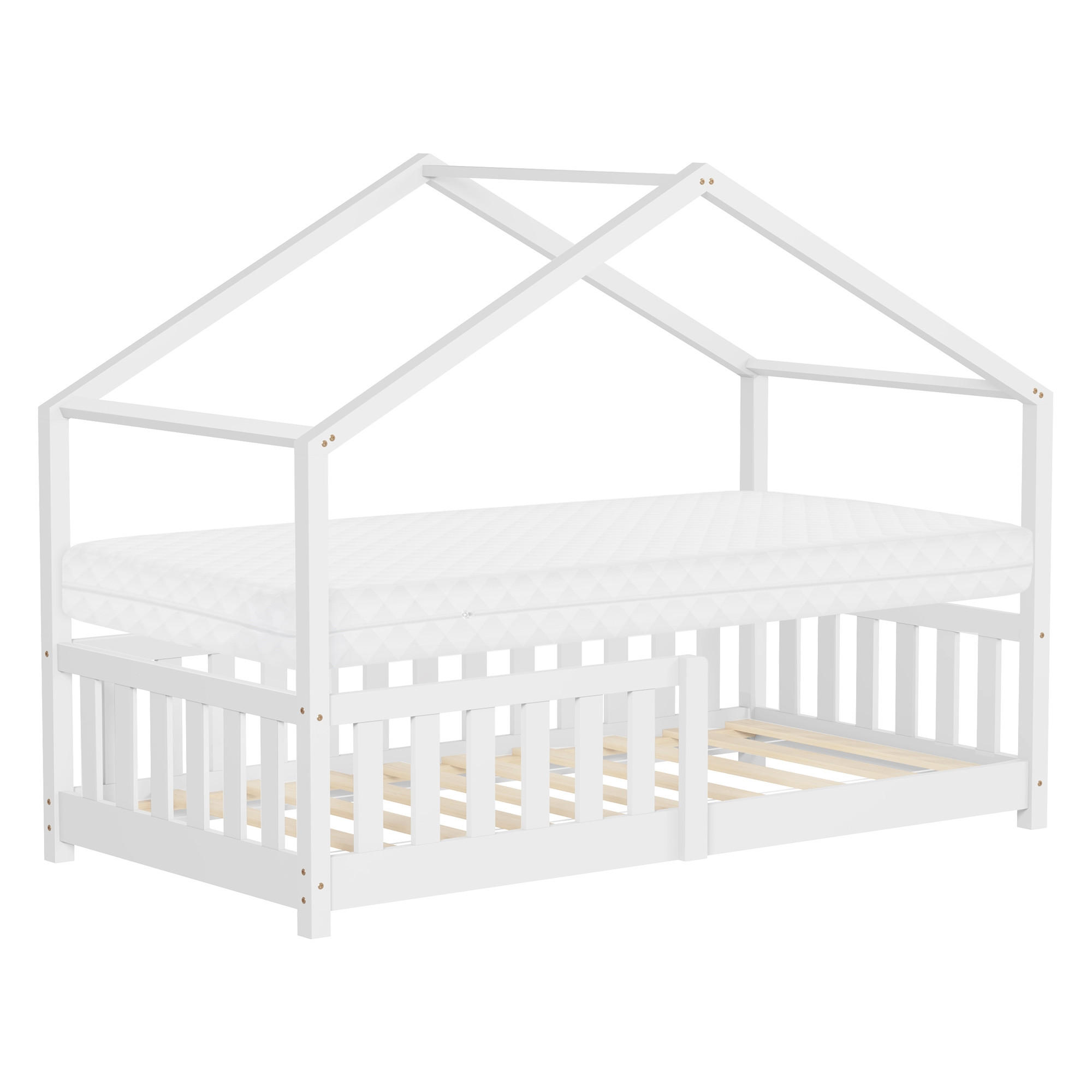 HAUSBETT mit Matratze 80x160 cm Weiß aus Kiefernholz mit Rausfallschutz - Weiß, Holz (80/160cm) - ML-DESIGN