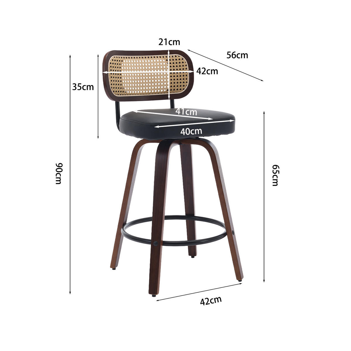 BARHOCKER SET 2 STK. 90 cm Walnuss & Schwarz Drehbare Rattan Barstühle mit Polstersitz - Schwarz, Leder (56/90/43cm) - Urban Meuble