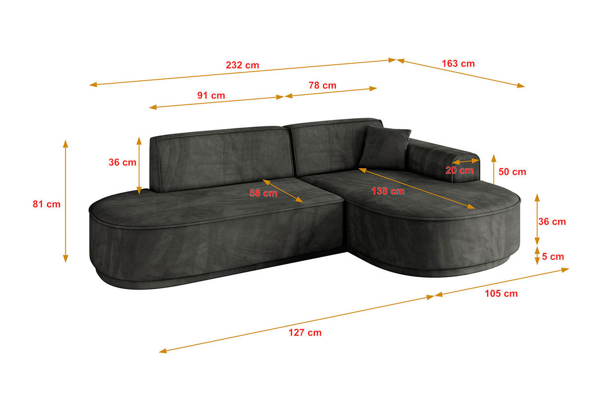 ECKSOFA Ottomane Rechts MARI-L1-v3 - 232x163x81 cm Dunkelgrau Velours - Dunkelgrau/Schwarz, Holzwerkstoff/Kunststoff (232/163cm) - ALTDECOR