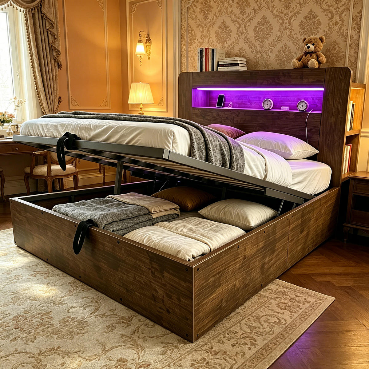 BETT 140/200 cm in Vintage-Holz mit Stauraum, LED und Steckdosen - Nussbaumfarben, Holz/Holzwerkstoff (140/200cm) - WISHDOR
