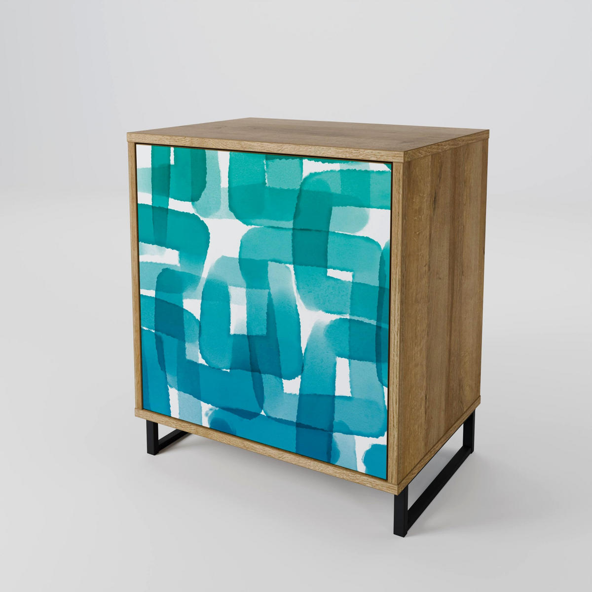 SIDEBOARD TURQUOISE RECTANGLES, Eichefarben, 57,5x42x72,5 cm, Schwarze Metallfüße - Eichefarben/Multicolor, Holzwerkstoff/Metall (57.5/72.5/42cm) - SpaceRebels