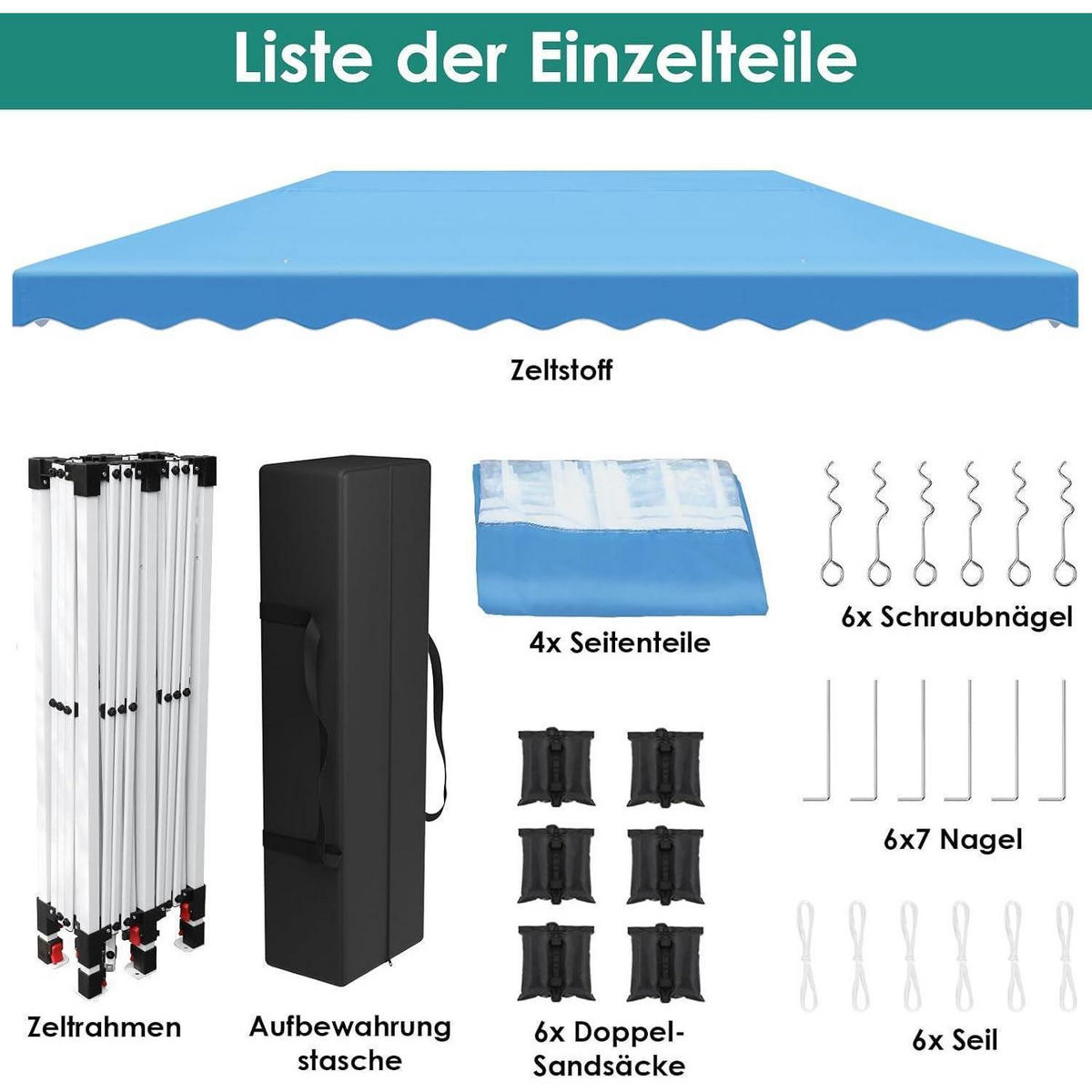 FALTPAVILLON 3x6 m mit 4 Seitenteilen und 6 Sandsäcken, wasserdicht, UV-Schutz 50+ - Blau, Textil (300/270/600cm)