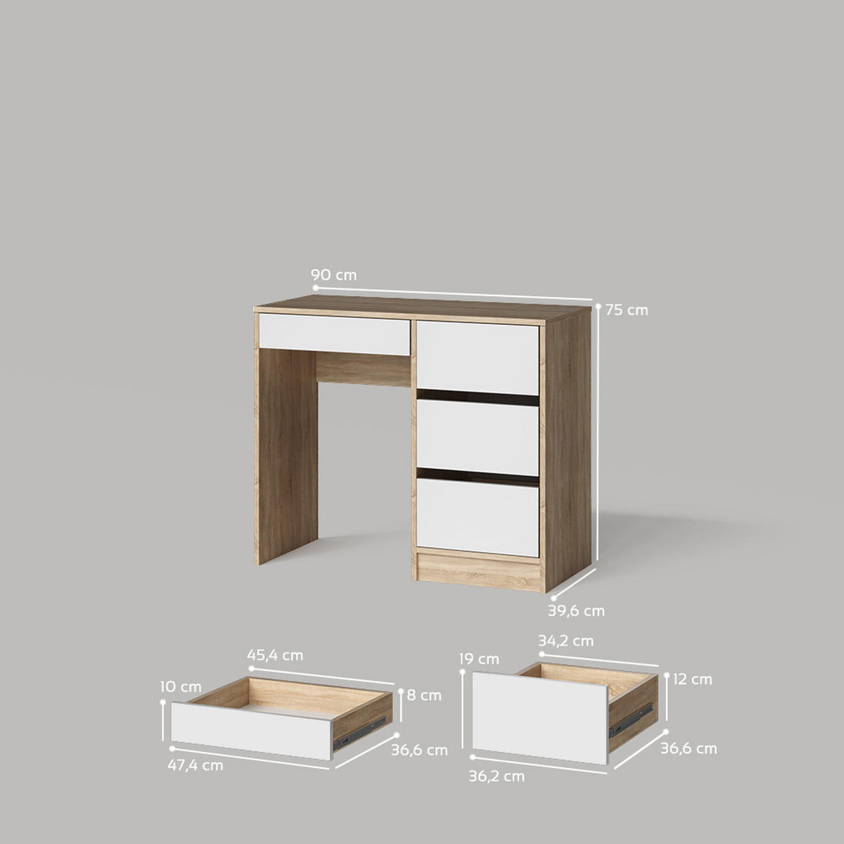 SCHMINKTISCH Imola Sonoma mit 4 Schubladen - Weiß/Sonoma Eiche, Holzwerkstoff (40/90/75cm) - Livinity®