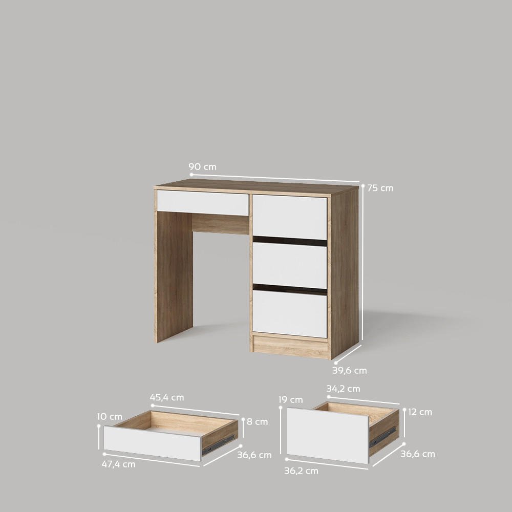 Thumbnail - Livinity® Schminktisch, Sonoma Eiche, Weiß, Holzwerkstoff, 4 Fächer, 4 Schubladen, Rechteckig, 90x75x40 cm, Wohnzimmer, ...