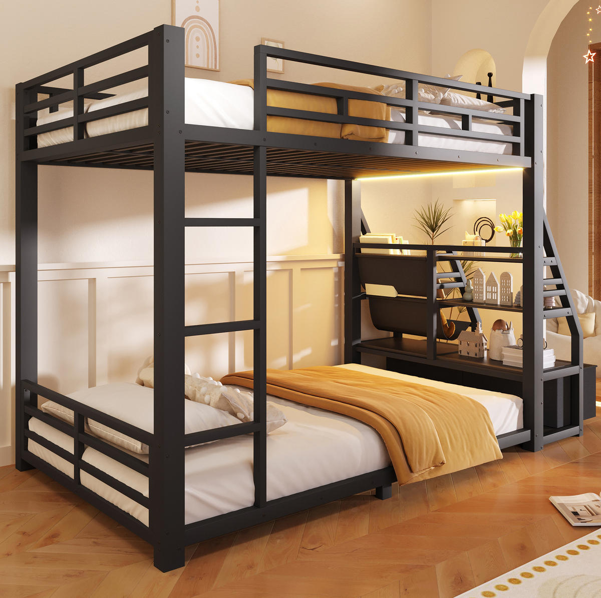 ETAGENBETT 90/200 cm aus Metall und Holz mit LED-Beleuchtung und 2 Stoffschubladen Schwarz - Schwarz, Holz (90/200cm) - Modenvie