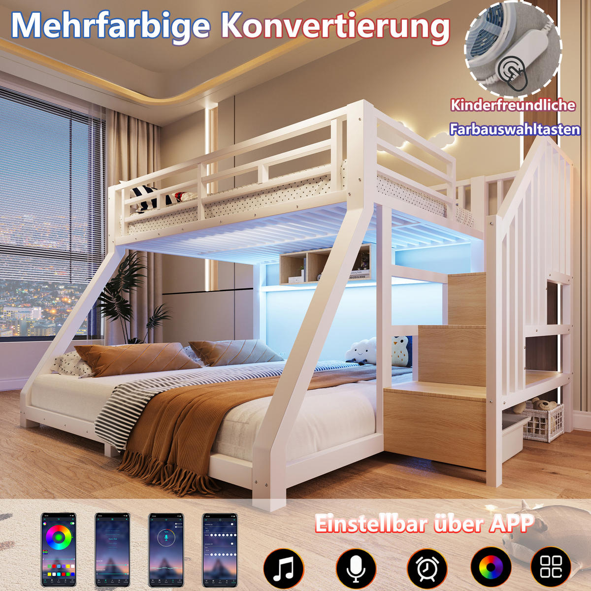 ETAGENBETT 90/200 cm & 140/200 cm in Weiß Kinderbett mit 3 Staufächern, LED und Treppe Metall - Weiß, Holzwerkstoff/Metall (140/200cm) - STILVORA