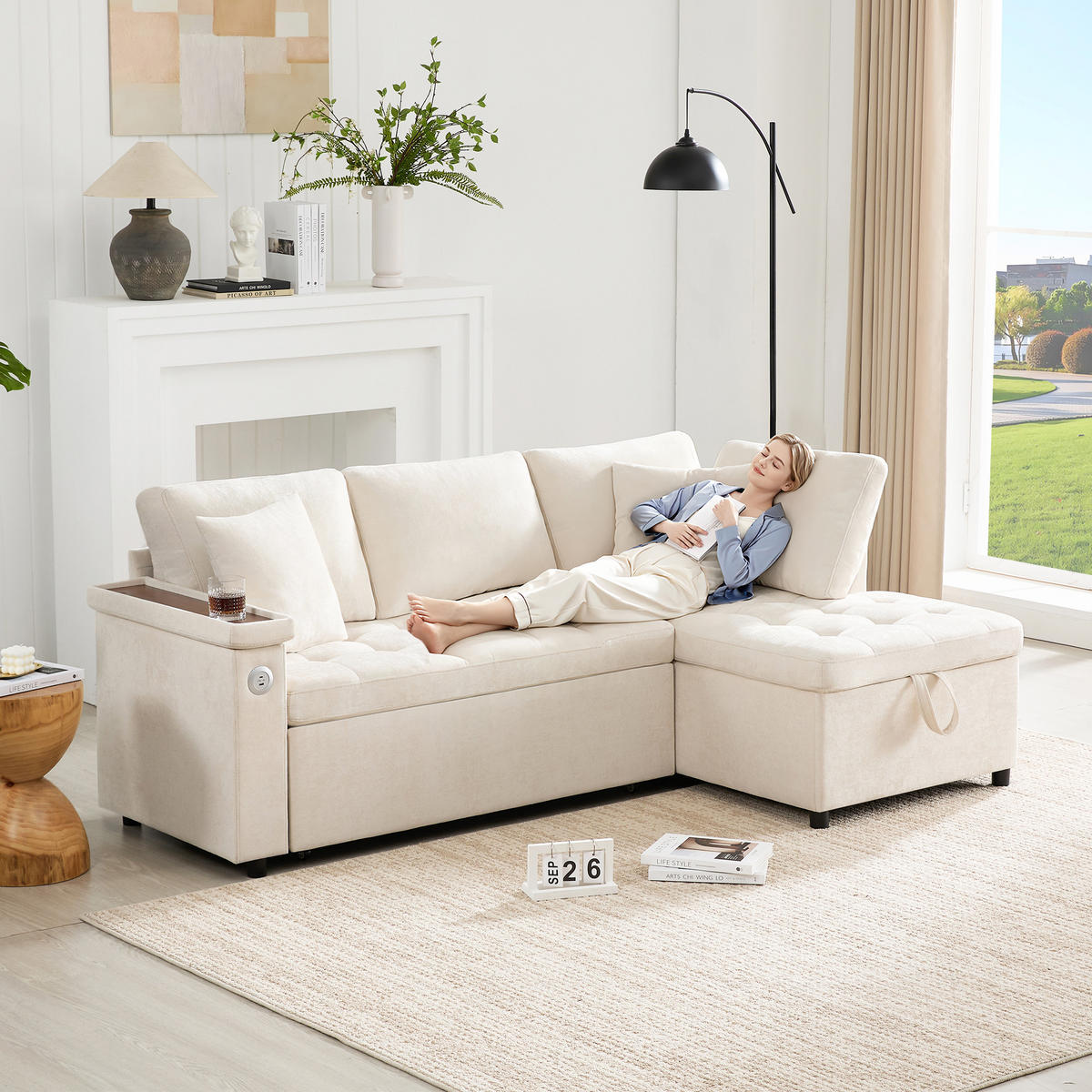4-SITZER ECKSOFA Chenille Beige mit Schlaffunktion, Stauraum und USB - Beige, Holzwerkstoff/Kunststoff (209/130cm) - WISHDOR