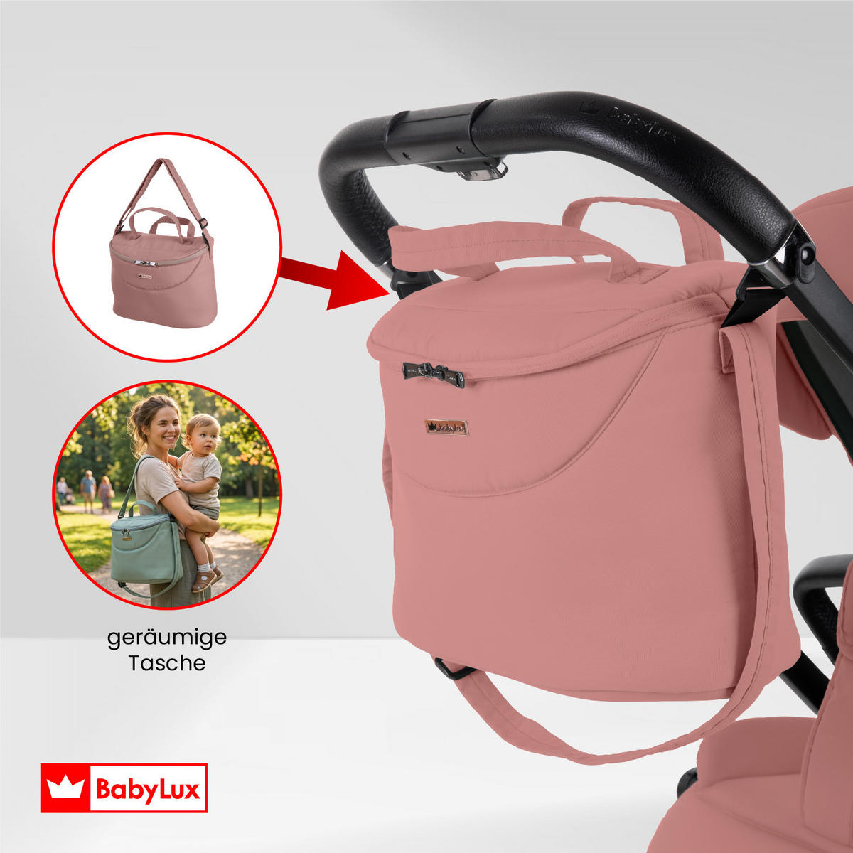 BUGGY Scale, Klein und Leicht, Teleskopische Führung, Kompakt Faltbar, Wickeltasche, Reisetasche - Schwarz/Rosa, Textil/Metall (58/100cm) - BabyLux