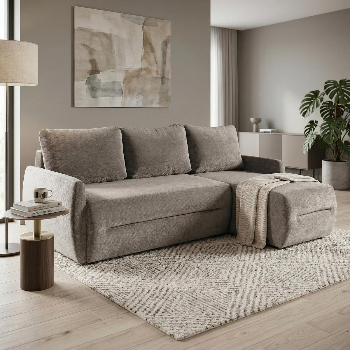 ECKSCHLAFSOFA Camila mit Schlaffunktion und universeller Ottomane, Braun - Braun, Textil (225/153cm) - Beautysofa