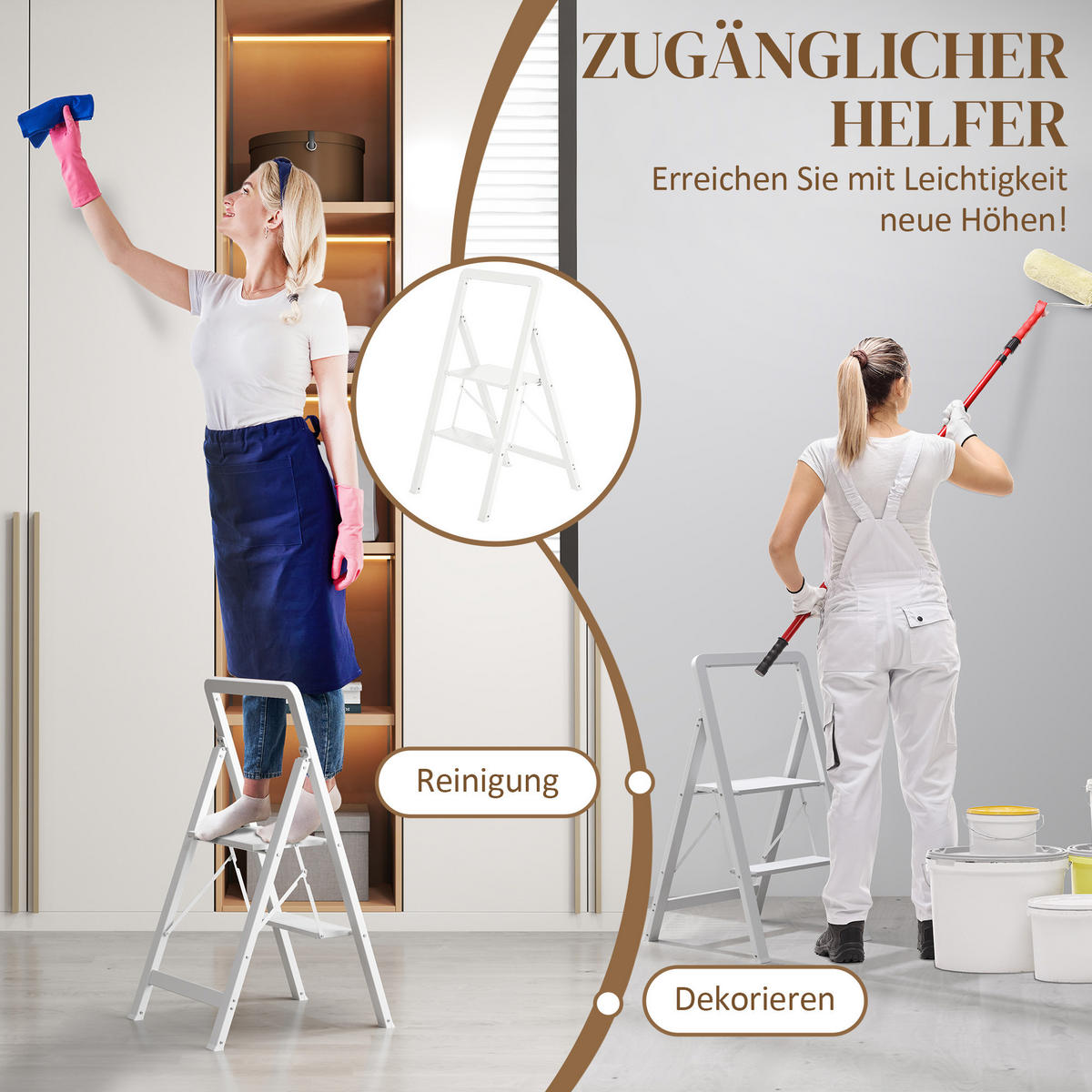 TRITTLEITER Stehleiter mit 2 Stufen Leichtbau Aluminum-Leiter 41,5 x 49,7 x 82,6 cm Weiß - Weiß, Metall (41.5/49.7/82.6cm) - HOMCOM