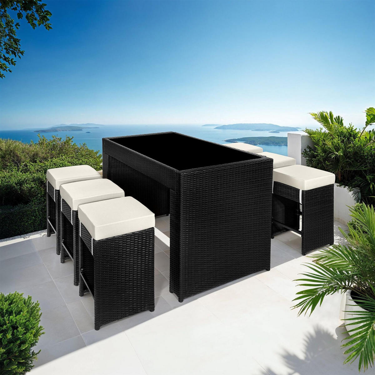 RATTAN BARSET Ibiza,2 Bezugssets,schwarz - Schwarz, Kunststoff - tectake