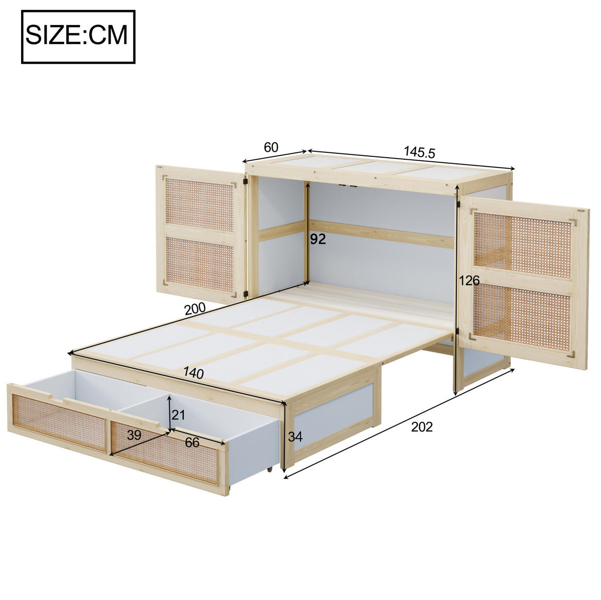 SCHRANKBETT 140/200 cm Natur Schrankbett mit Stauraumschubladen und Rattan-Design - Naturfarben, Holzwerkstoff (140/200cm) - OKWISH