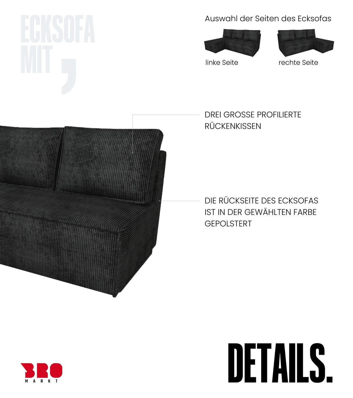 ECKSOFA Hector mit Schlaffunktion Schwarz Cord - Schwarz, Textil (200/141cm) - Bromarkt