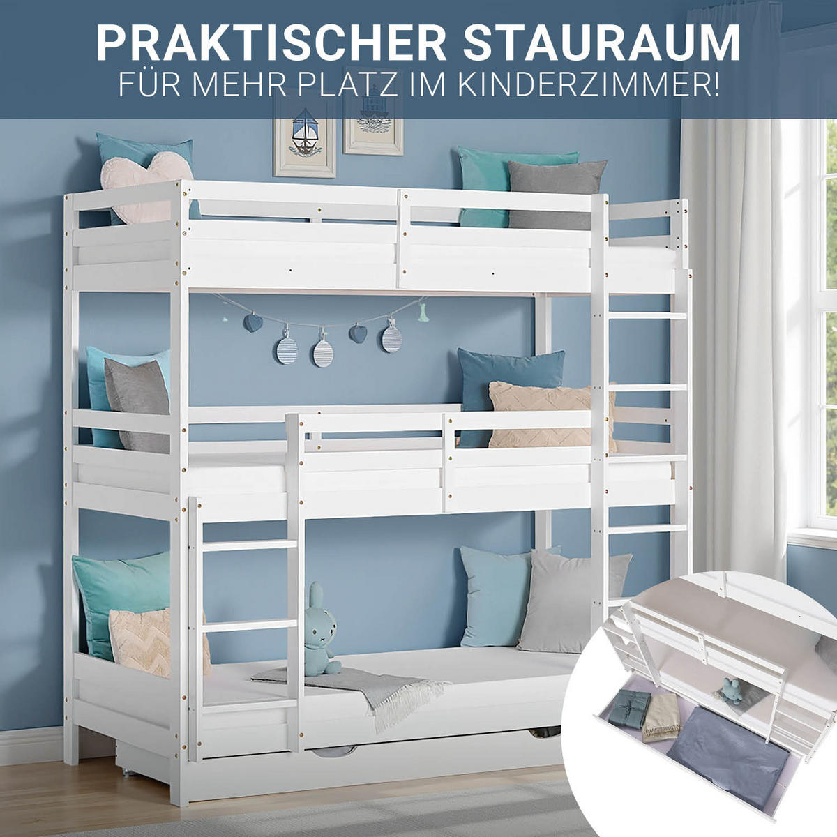 ETAGENBETT Kinderbett 90/200 cm weiß Bettkasten - Weiß, Holz - Homestyle4u