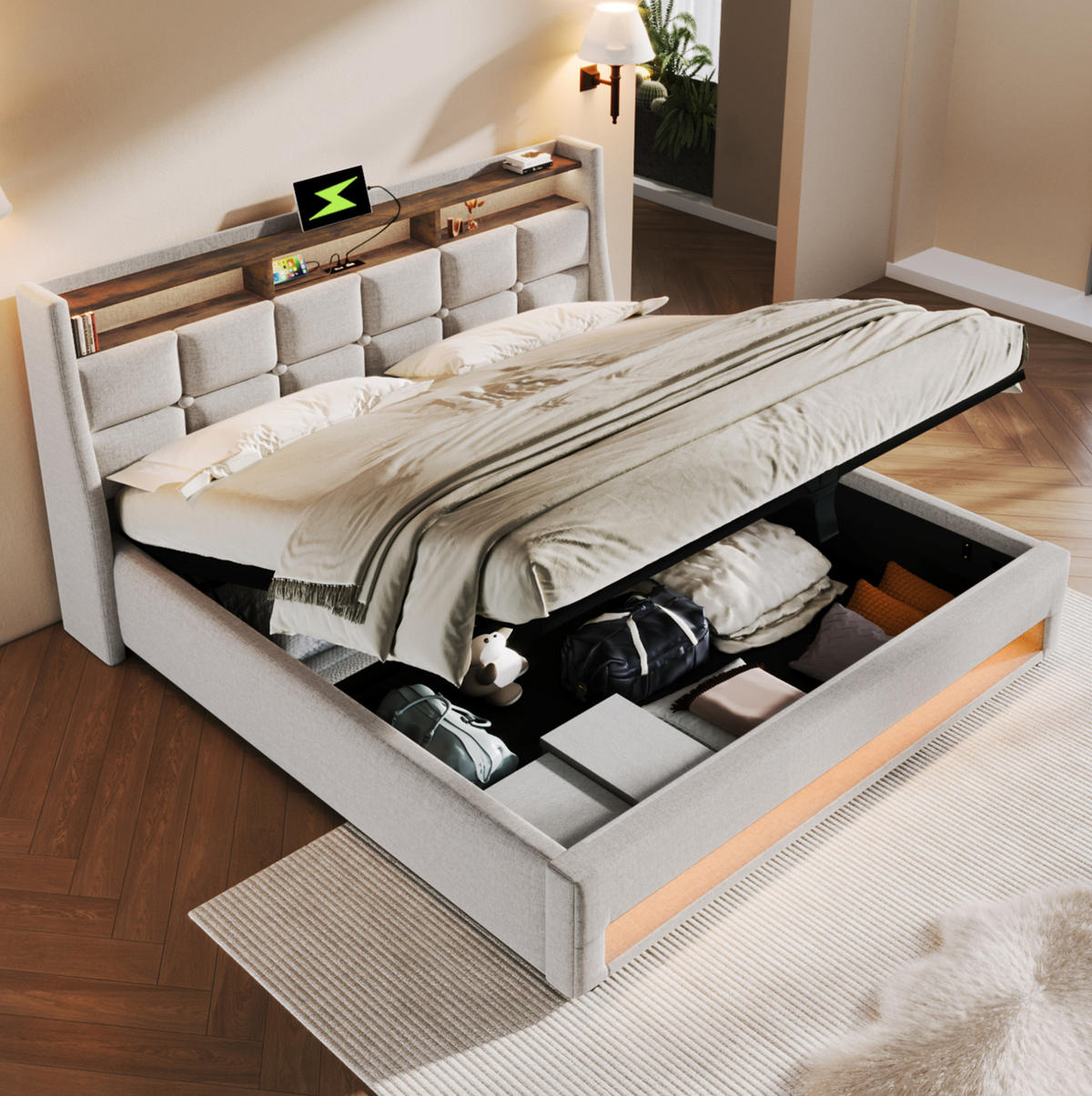 POLSTERBETT mit USB, LED und Bettkasten 140x200 cm Beige inklusive Matratze - Beige, Metall (140/200cm) - Meubliv