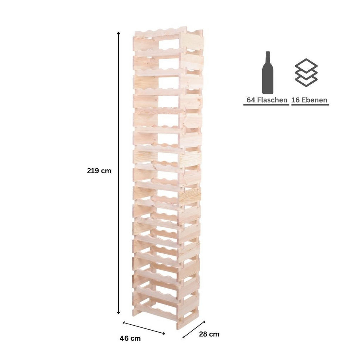 WEINREGAL VINOTECA FLEX PRO HxBxT 219x46x28cm 64 Flaschen auf 16 Ebenen Natur unbehandelt - Naturfarben, Holz (46/219/28cm) - PROREGAL