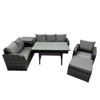 GARTENTISCHGRUPPE mit Liegestuhl,Hocker,Beistelltisch Polyrattan 7-Sitzer - Dunkelgrau/Grau, Glas/Kunststoff - Fimous