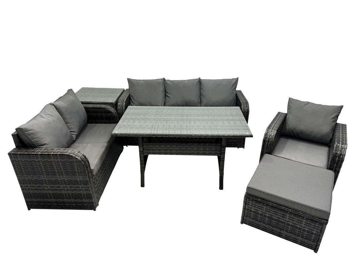 GARTENTISCHGRUPPE mit Liegestuhl,Hocker,Beistelltisch Polyrattan 7-Sitzer - Dunkelgrau/Grau, Glas/Kunststoff - Fimous