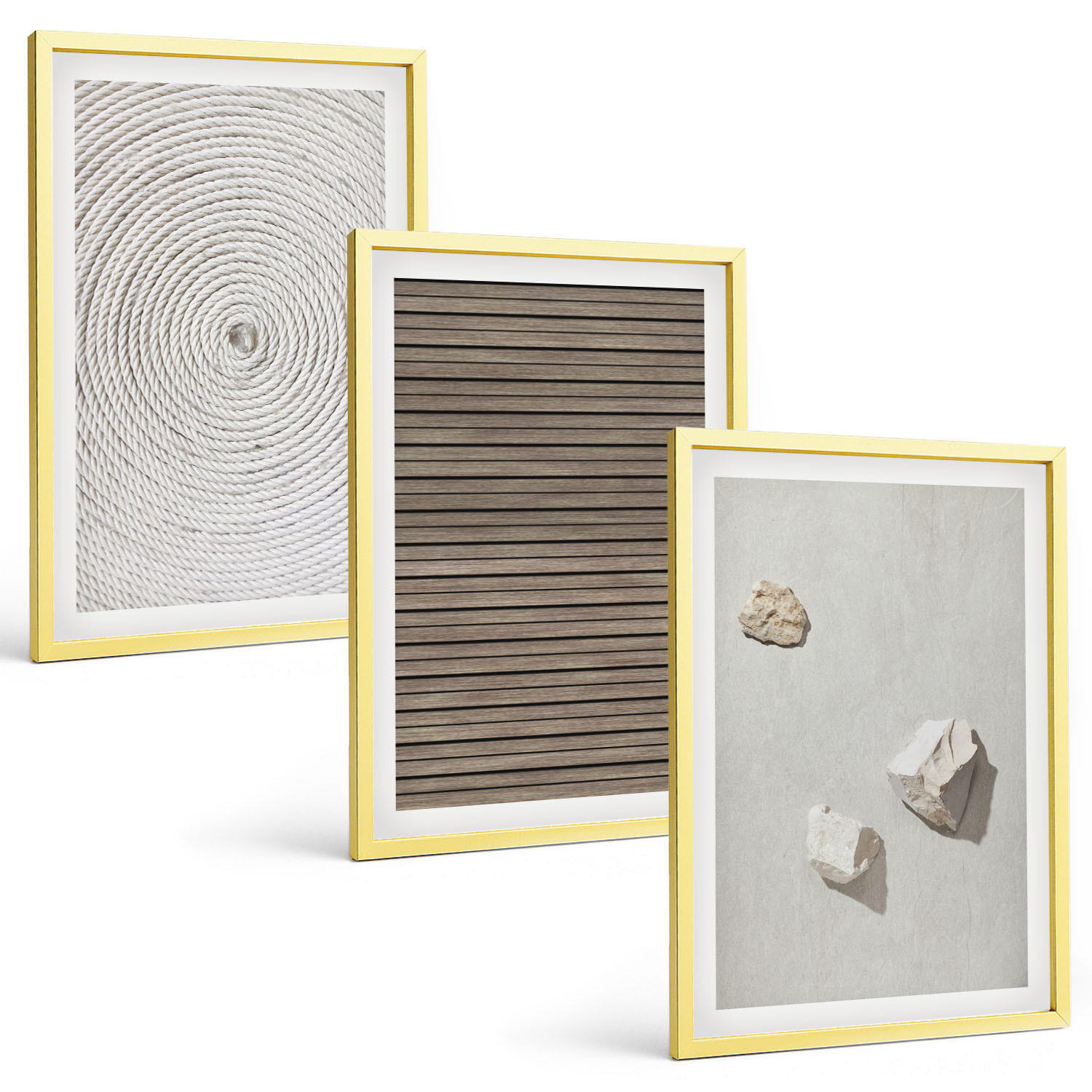 BILDER SET 3er Set - 40x60 cm Goldrahmen - Natürliche Texturen Holz Stein - Goldfarben, Kunststoff (40/60cm) - TULUP