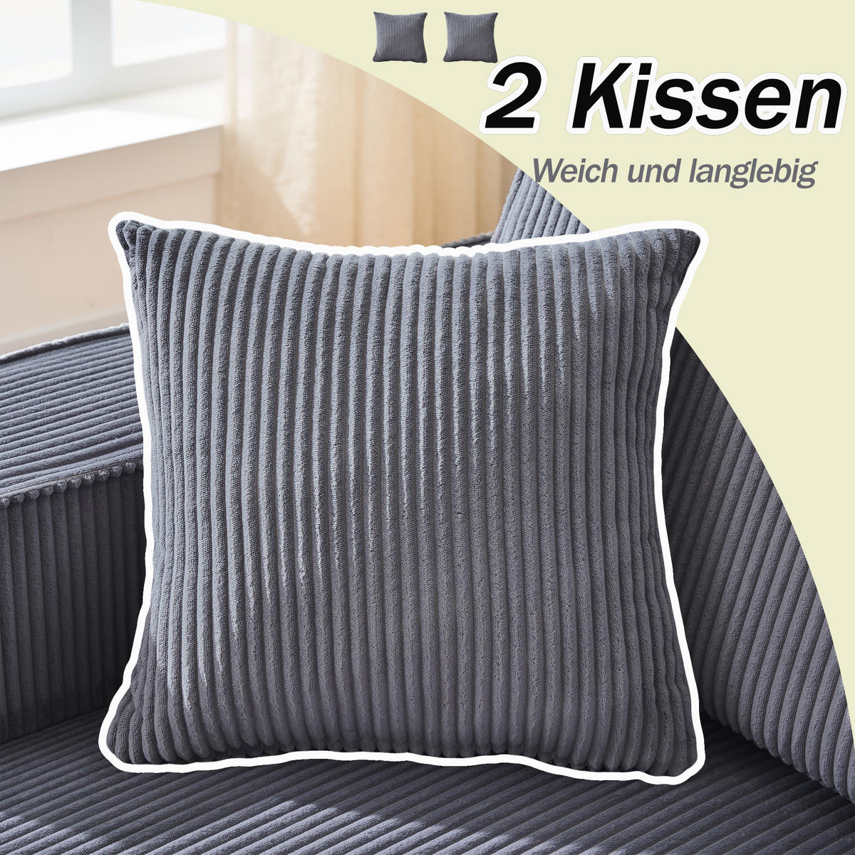 ECKSOFA Cord Grau mit 2 Kissen - Grau, Textil (235/128cm) - WISHDOR
