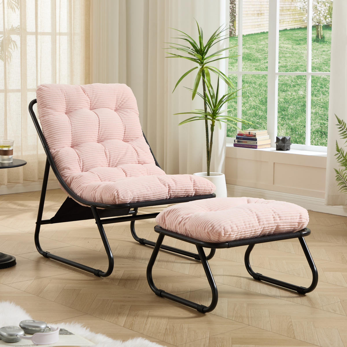 SCHAUKELSTUHL mit Dickem Kissen und Hocker Metallrahmen,für Garten Balkon Wohnzimmer Rosa - Pink, Metall (65/86/78cm) - PARAFTA HOME