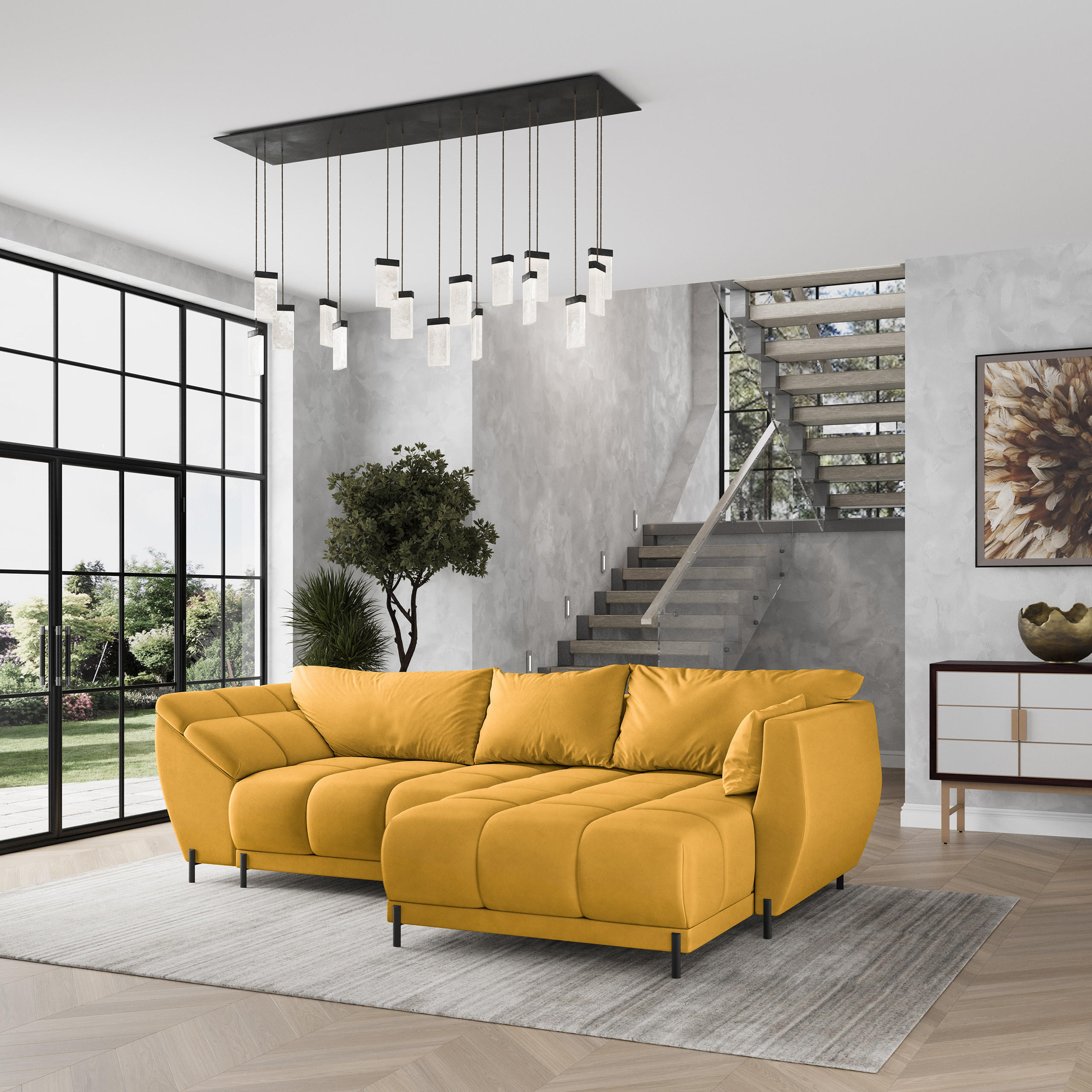 ECKSOFA VESTANO R-S Gelb Velours-Stoff mit Schlaffunktion - Gelb, Holz (287/182cm) - MASSENO