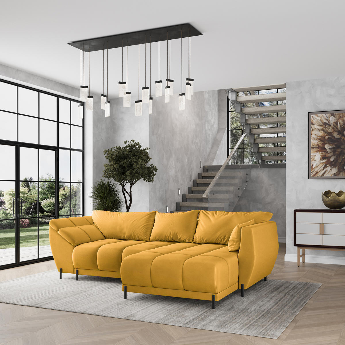 ECKSOFA VESTANO R-S Gelb Velours-Stoff mit Schlaffunktion - Gelb, Holz (287/182cm) - MASSENO