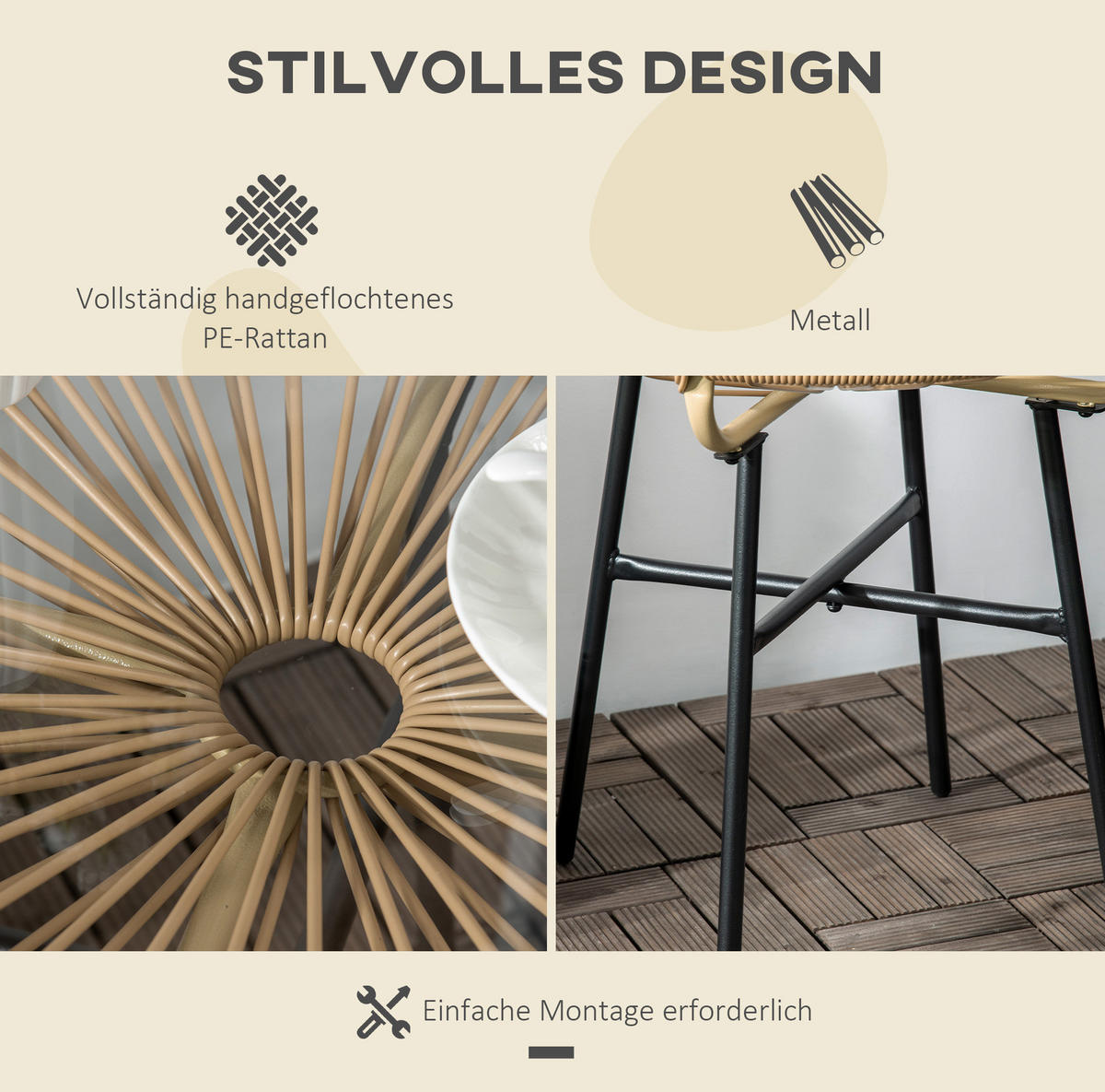 BEISTELLTISCH 50/50/50 cm mit gehärteter Glasplatte und PE-Rattan-Geflecht im Boho-Stil, Beige - Beige, Glas (50/50/50cm) - Redom
