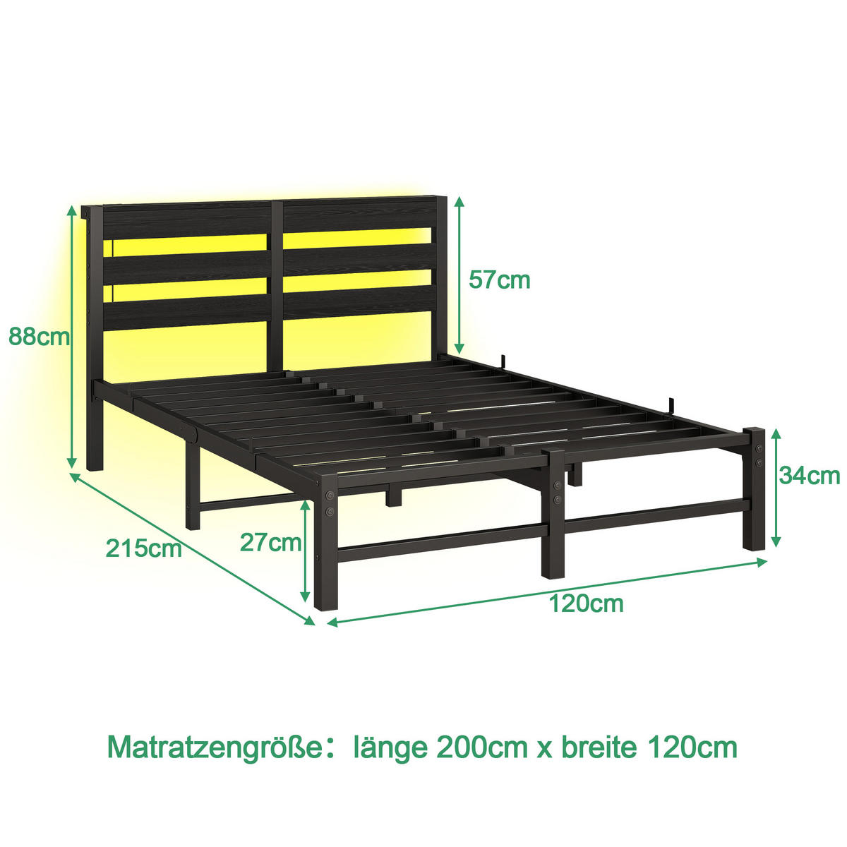 METALLBETT 120x200 cm LED USB Stauraum - Schwarz, Metall (120/200cm) - Fortuna Lai