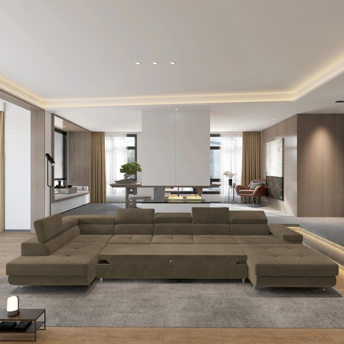 WOHNLANDSCHAFT TORIVA L-S Beige Velours-Stoff mit Schlaffunktion - Beige, Holz (418/90/202cm) - MASSENO