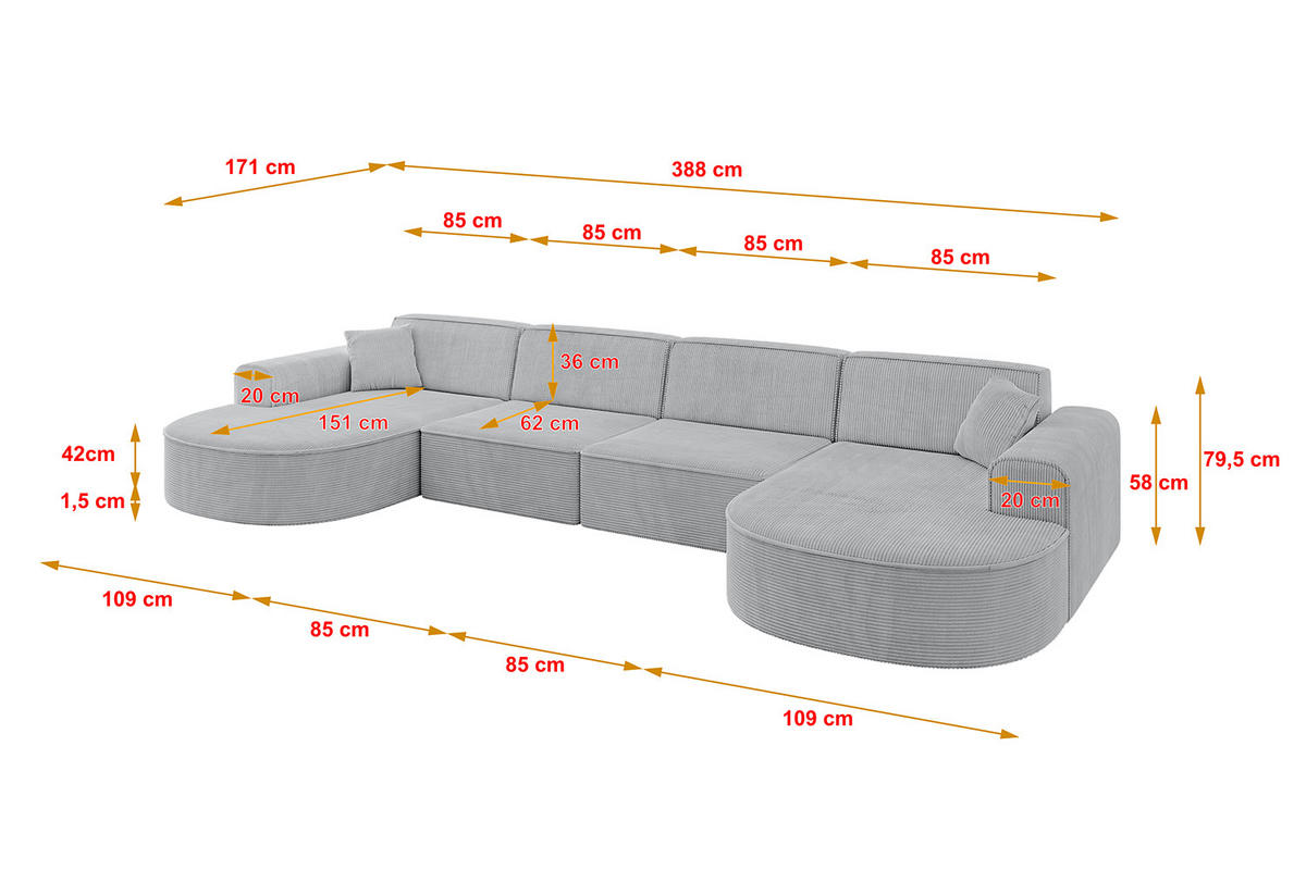 WOHNLANDSCHAFT MARI-U2 - 388x171x79 cm Grau Cord - Schwarz/Grau, Holzwerkstoff/Kunststoff (388/79/171cm) - ALTDECOR
