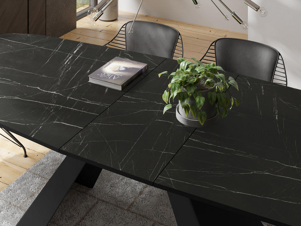 ESSTISCH Monte rechteckig ausziehbar, Marmor Schwarz 180-220/90/76 cm - Anthrazit/Schwarz, Holzwerkstoff/Metall (180/90/76cm) - WFL GROUP