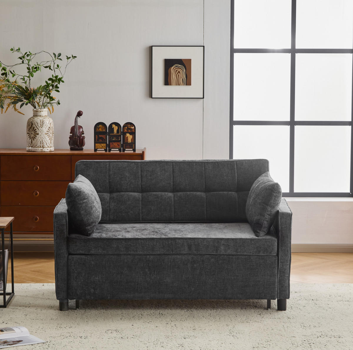 SCHLAFSOFA aus Chenille 174x125 cm Antique Black mit Schlaffunktion, verstellbarer Rückenlehne und 2 Kissen - Schwarz, Kunststoff (142/85/79cm) - Modfu