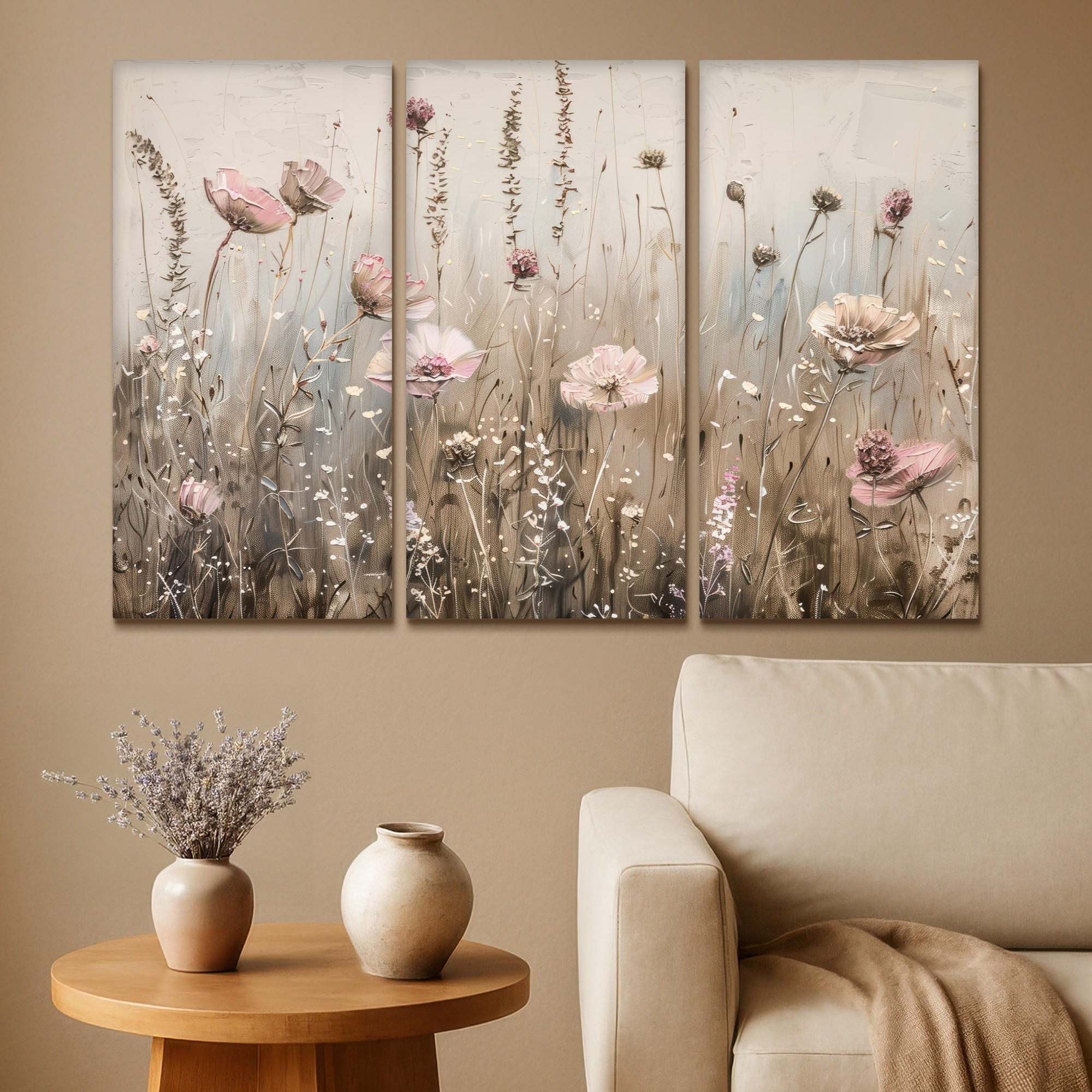 LEINWANDBILD 3er Set Blumen - Beige - Modern - Rosa 120x80 cm - Ecru, Textil (120/80cm) - MuchoWow