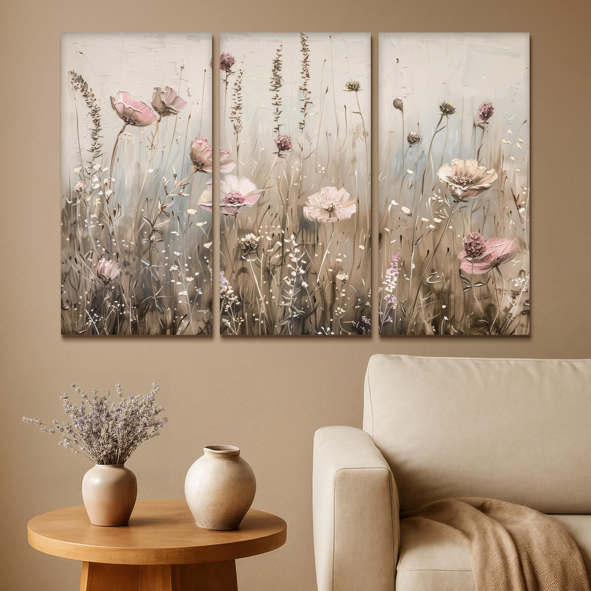 LEINWANDBILD 3er Set Blumen - Beige - Modern - Rosa 120x80 cm - Ecru, Textil (120/80cm) - MuchoWow