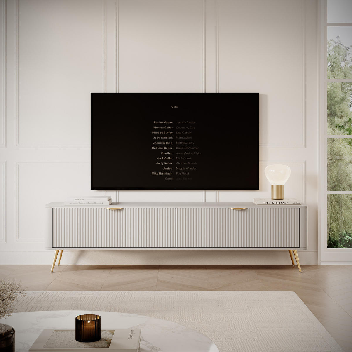 TV-LOWBOARD 200 cm Beige / Gold - mit geriffelten Fronten und 2 Klappen - Beige/Gelb, Holz/Holzwerkstoff (200/51/38cm) - Ravio