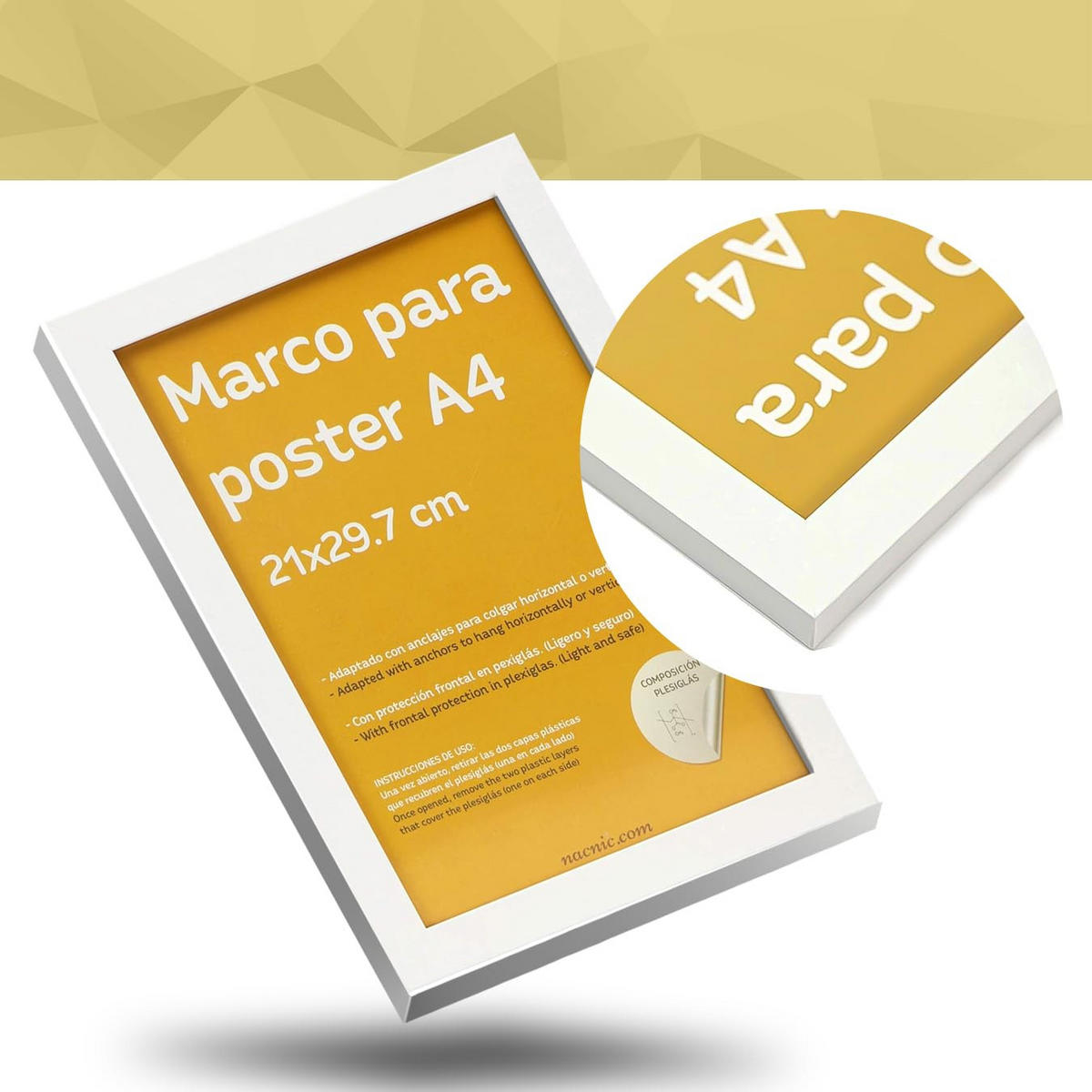 RAHMEN Set mit 4 aus MDF und Acrylglas Schutz und Aussteller für Fotografien, Bilder, Poster, Gemälde, Dekoration für Haus Farbe Weiß A4 - Weiß, Holz (21/3/29.7cm) - Nacnic