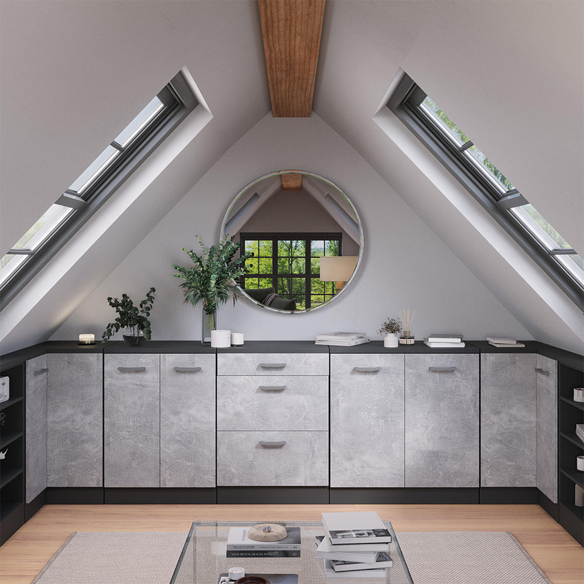 ORMAR ZA POTKROVLJE Rion, Beton, 60 x 81.6 cm bez kosine s 3 ladice - siva, drvni materijal (60/81.6/46cm) - Vicco