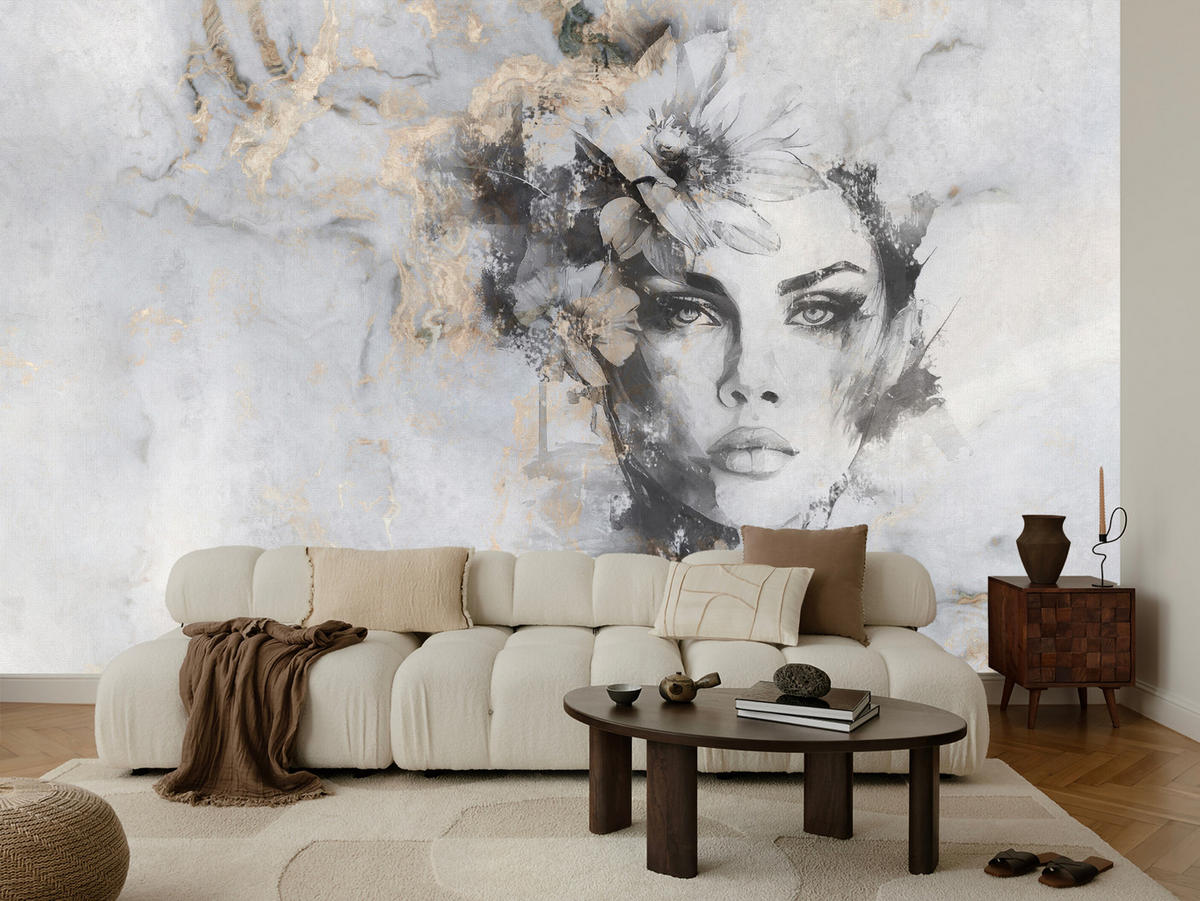 FOTOTAPETE für Wohnzimmer Frau Porträt Beton Blumen Modern 200x140 - Beige/Schwarz, Papier (200/140cm) - Muralo