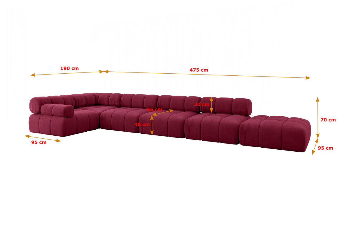 ECKSOFA modulares Sofa Felto-L3 - 475x190x70 cm Bordeauxrot Velours - Bordeaux, Holzwerkstoff/Textil (475/190cm) - ALTDECOR